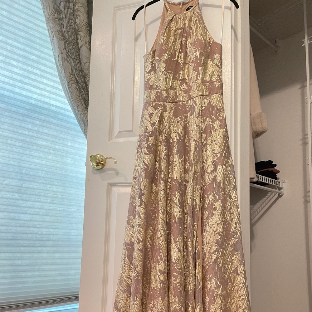 Aqua gold foil halter gown